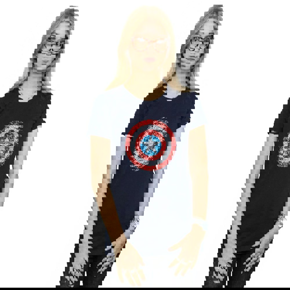 Marvel Womens/Ladies Captain America Pixelated Shield Cotton T-Shirt - Navy Blue