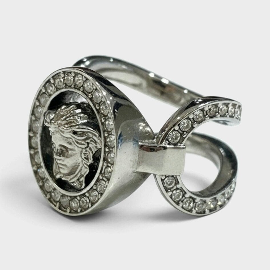 Versace Medusa Crystal Embellished Ring Silver Tone