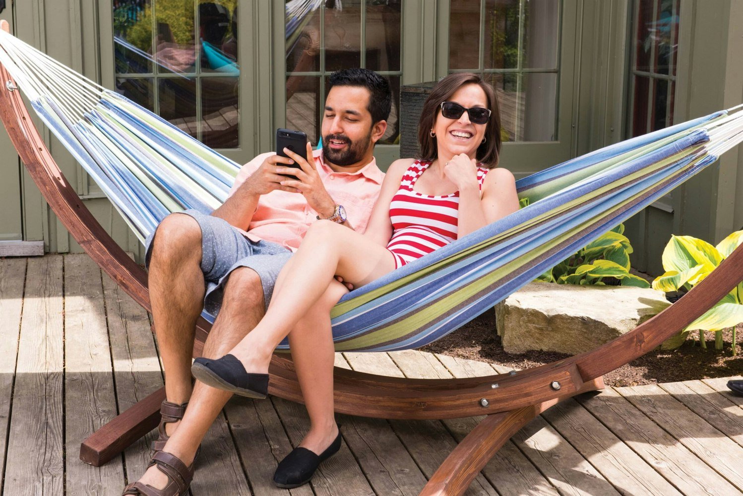 Vivere Double Cotton Hammock with Solid Pine Arc Stand - Oasis