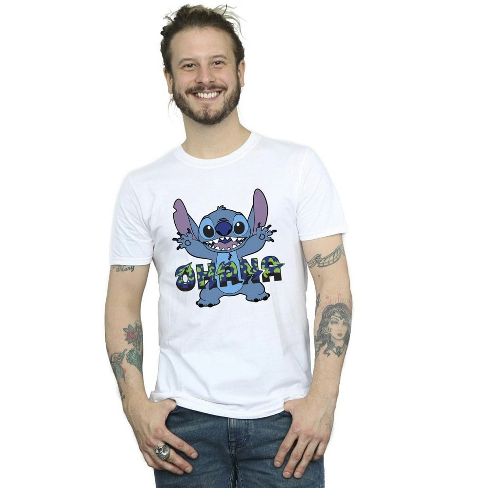 Disney Mens Lilo And Stitch Ohana Blue Glitch T-Shirt - White