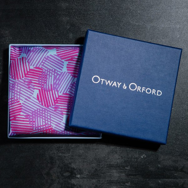 Dots design silk pocket square in blue with mauve & pink by Otway & Orford in gift box