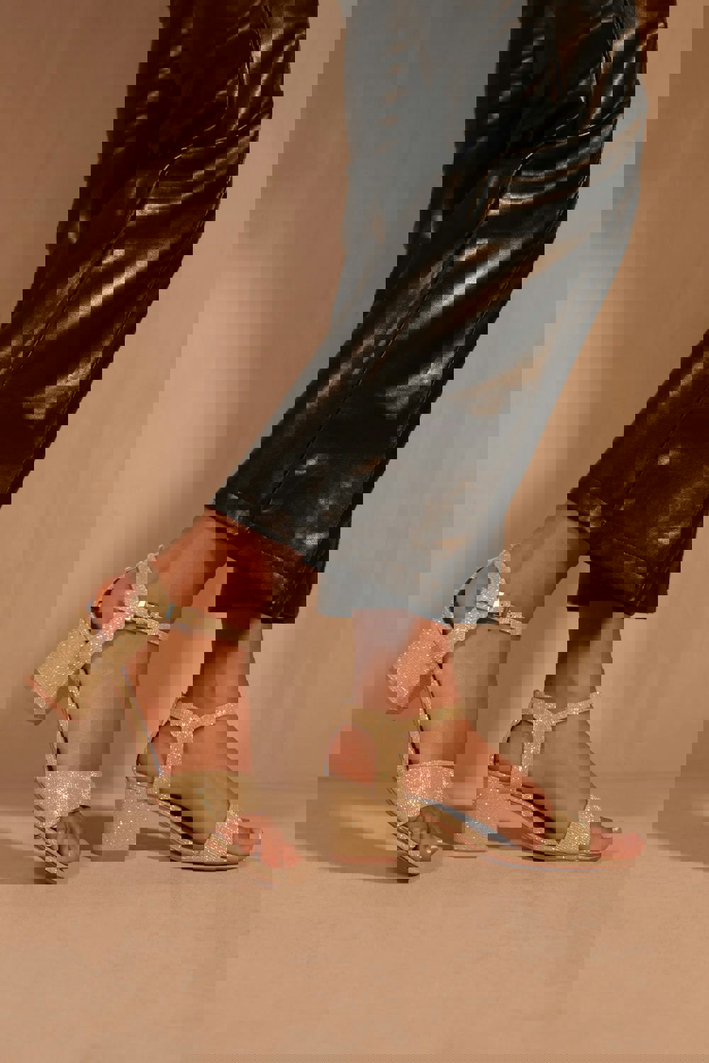 Where's That From Adrianna Strappy Mid High Block Heels Open Toe in Gold Glitter