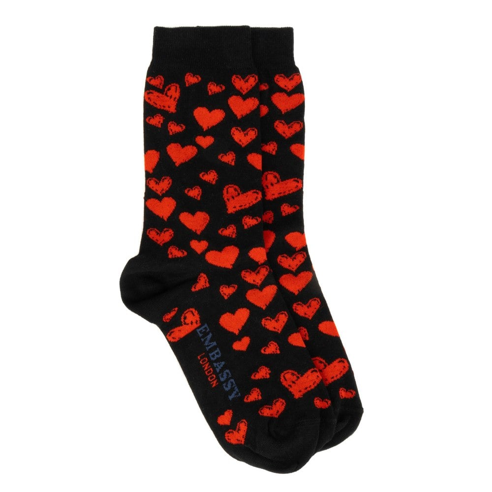 Embassy London Soulmates - Black Red - Women's cotton crew socks UK 3 to 7 in black & red hearts