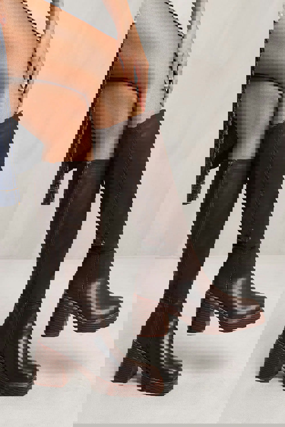 Where's That From Maddie Below Knee Boot With Chunky Heel in Brown Faux Leather