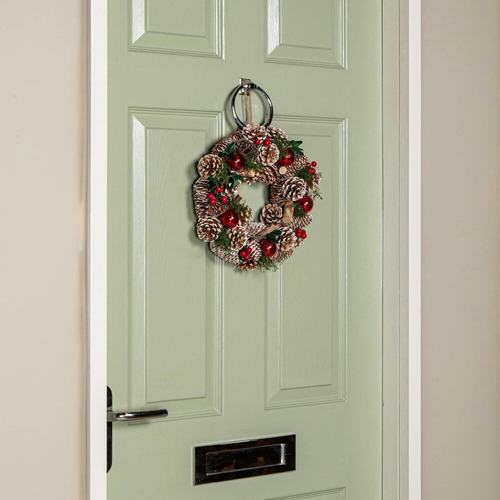 Samuel Alexander 30cm Hanging Christmas YuleFest Wreath with Red Baubles & Snow Tipped Pine Cones