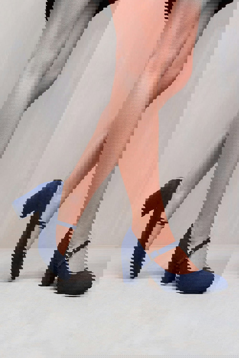 Where's That From Araceli Block Heel Mary Jane Pumps in Navy Blue Faux Suede