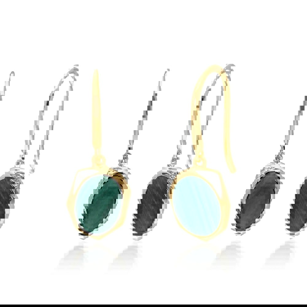 270E027106925 Irregular B Gem Malachite & Diamond Drop Earrings in Gold Plated Sterling Silver 1