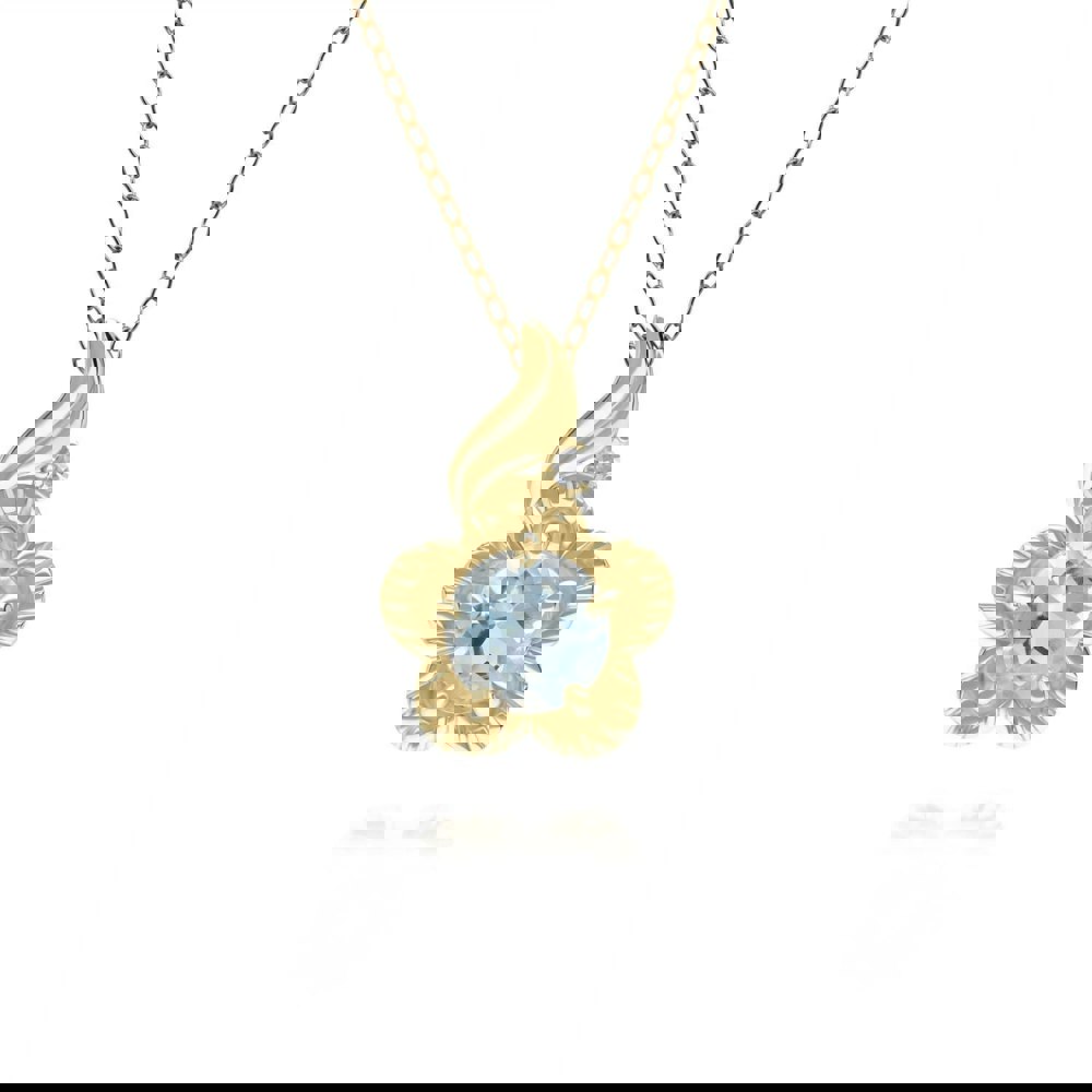 135P2097019 Floral Round Blue Topaz & Diamond Pendant in 9ct Yellow Gold 1
