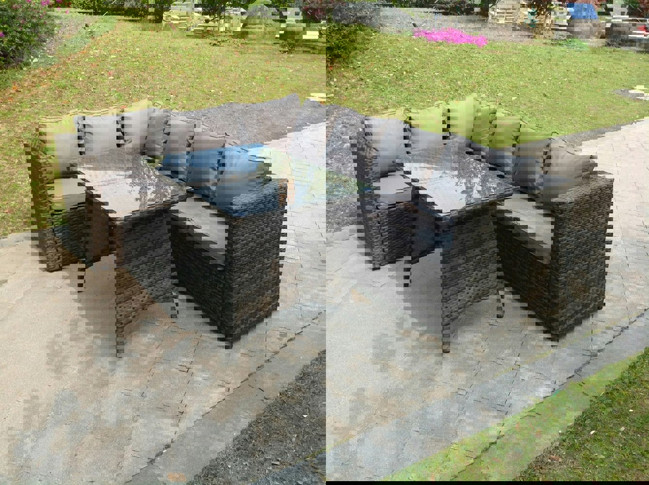 Fimous 6 Seater Grey Rattan Corner Sofa Set Dining Table Foot Rest Garden Furniture Outdoor