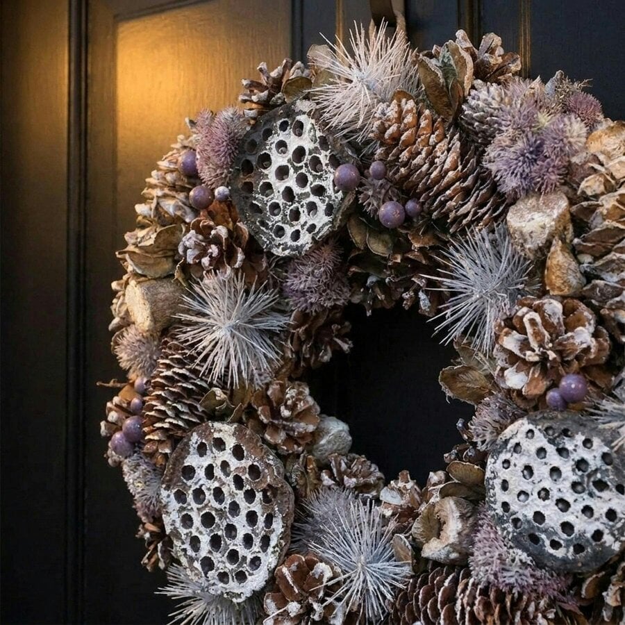 Garden Greatness Snowy Tipped Cone and Lotus Head Christmas Wreath