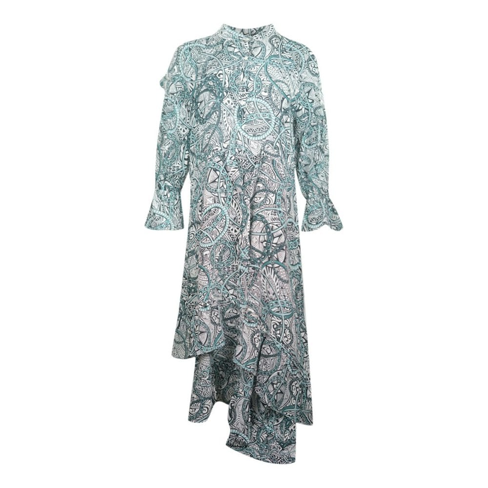 Inoa Jafari 120211 Green Long Sleeve Silk Uneven Hem Ruffle Dress