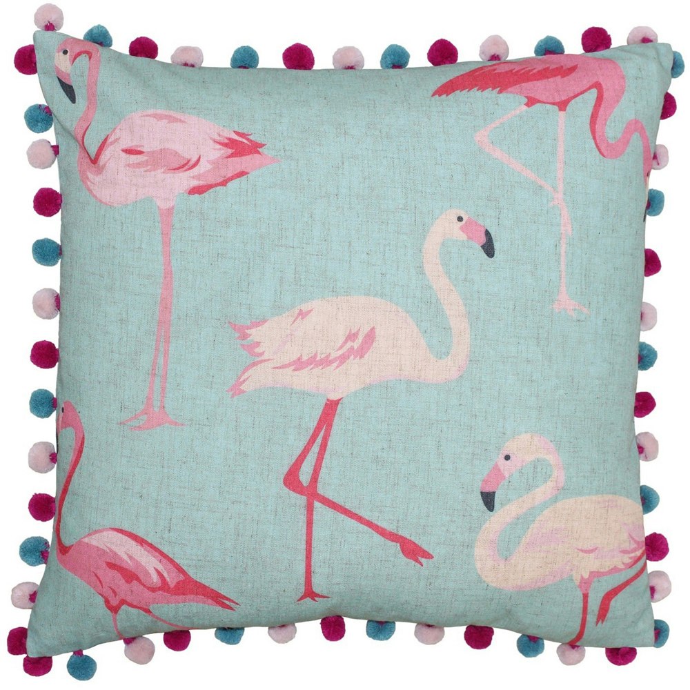 Riva Home Flamingo Pom Pom Edged Square Cushion Cover - Duck Egg