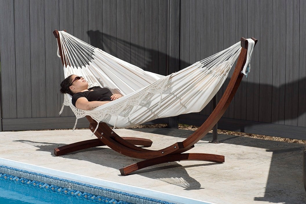 Double Cotton Hammock with Solid Pine Arc Stand- Natural