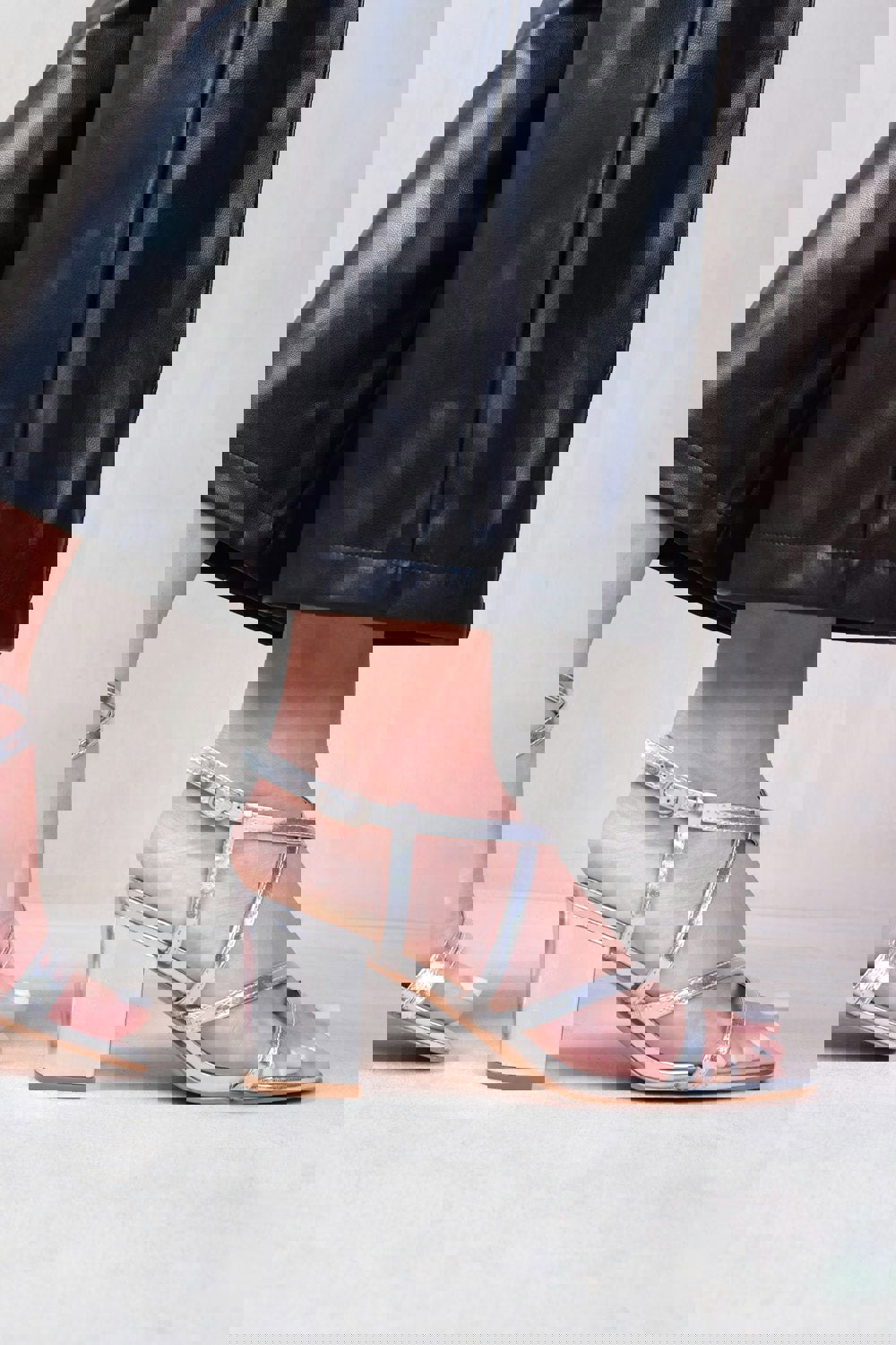 Where's That From Sidra Mid High Block Heel Sandals With Cross Over Strap in Silver Metallic Faux Leather
