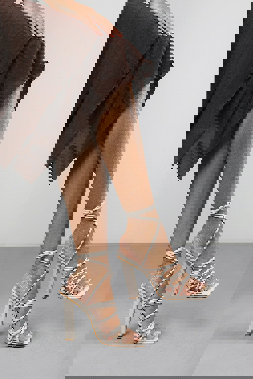 Where's That From Emilia High Heels With A Tie Leg And Cross Over Strap Detail In Ivory Cream Faux Leather