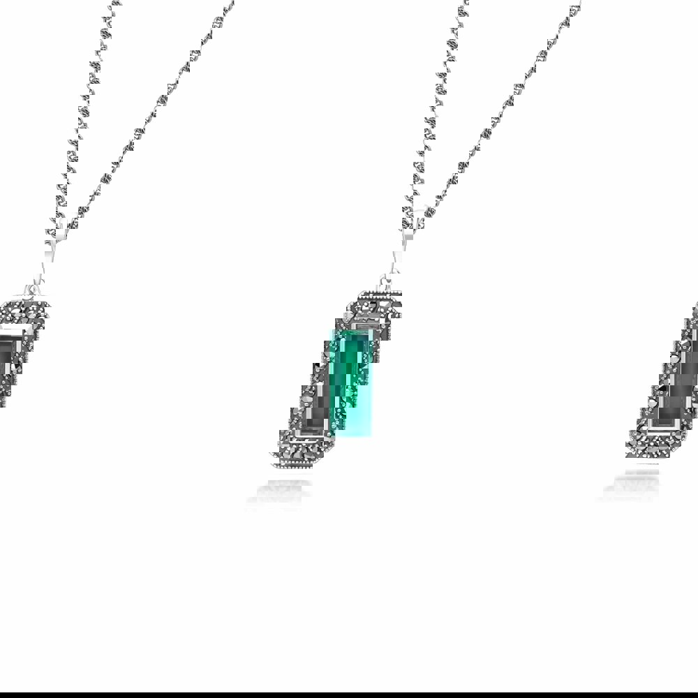 Art Deco Style Rectangle Chalcedony and Marcasite Pendant Necklace in Sterling Silver 214P334001925 