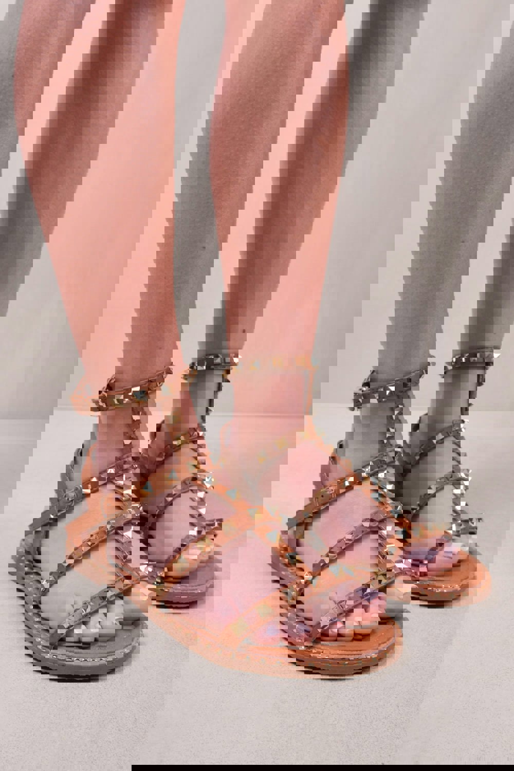 Where's That From Natalia Studded Gladiator Sandals in Tan Faux Leather