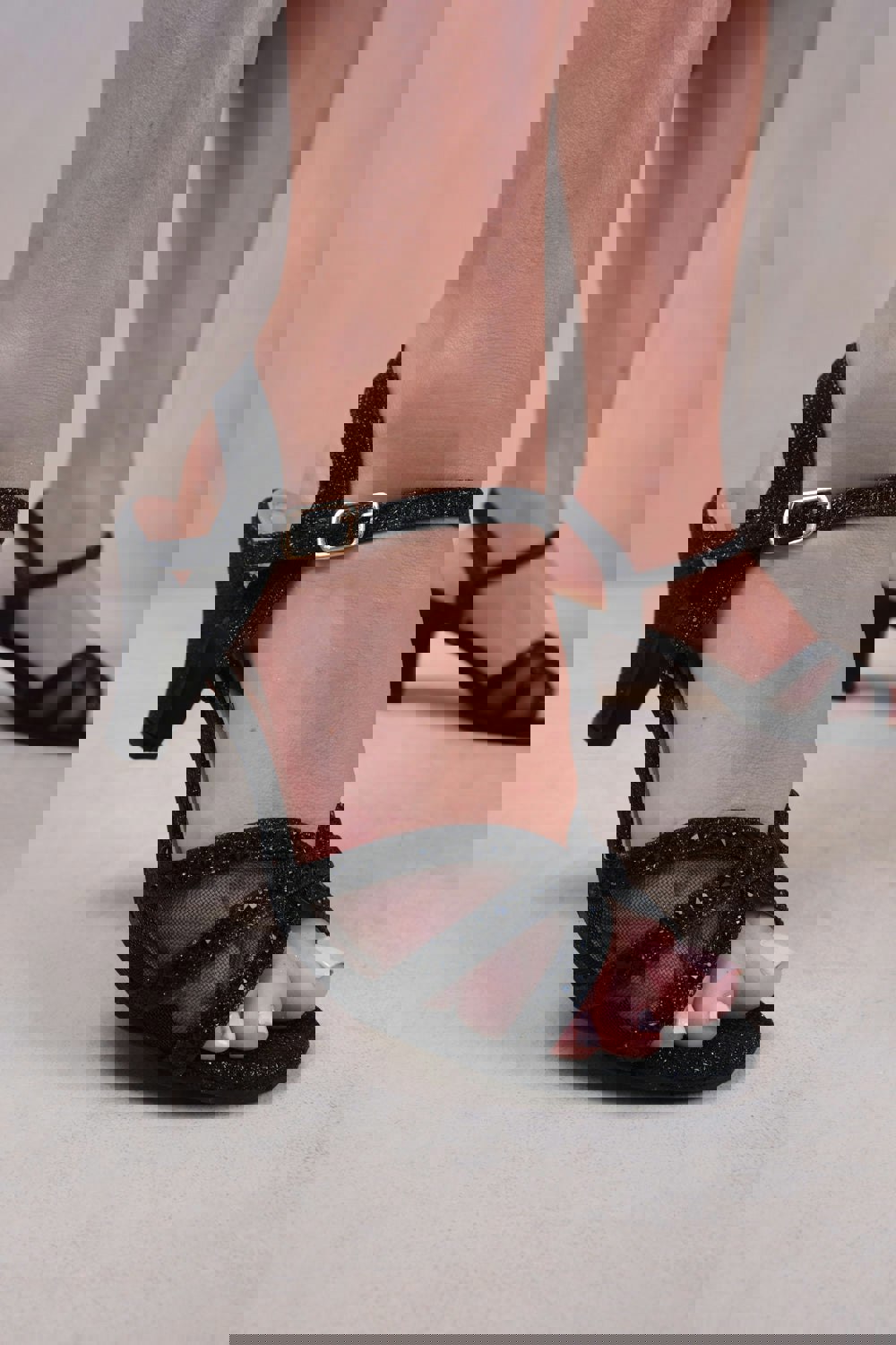 Where's That From Jillian Diamante Mesh Strappy Heel in Black Glitter