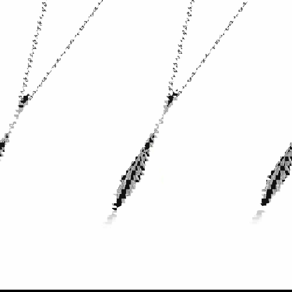 Art Deco Style Triangle Black Onyx & Marcasite Fan Pendant in 925 Sterling Silver - Gemondo