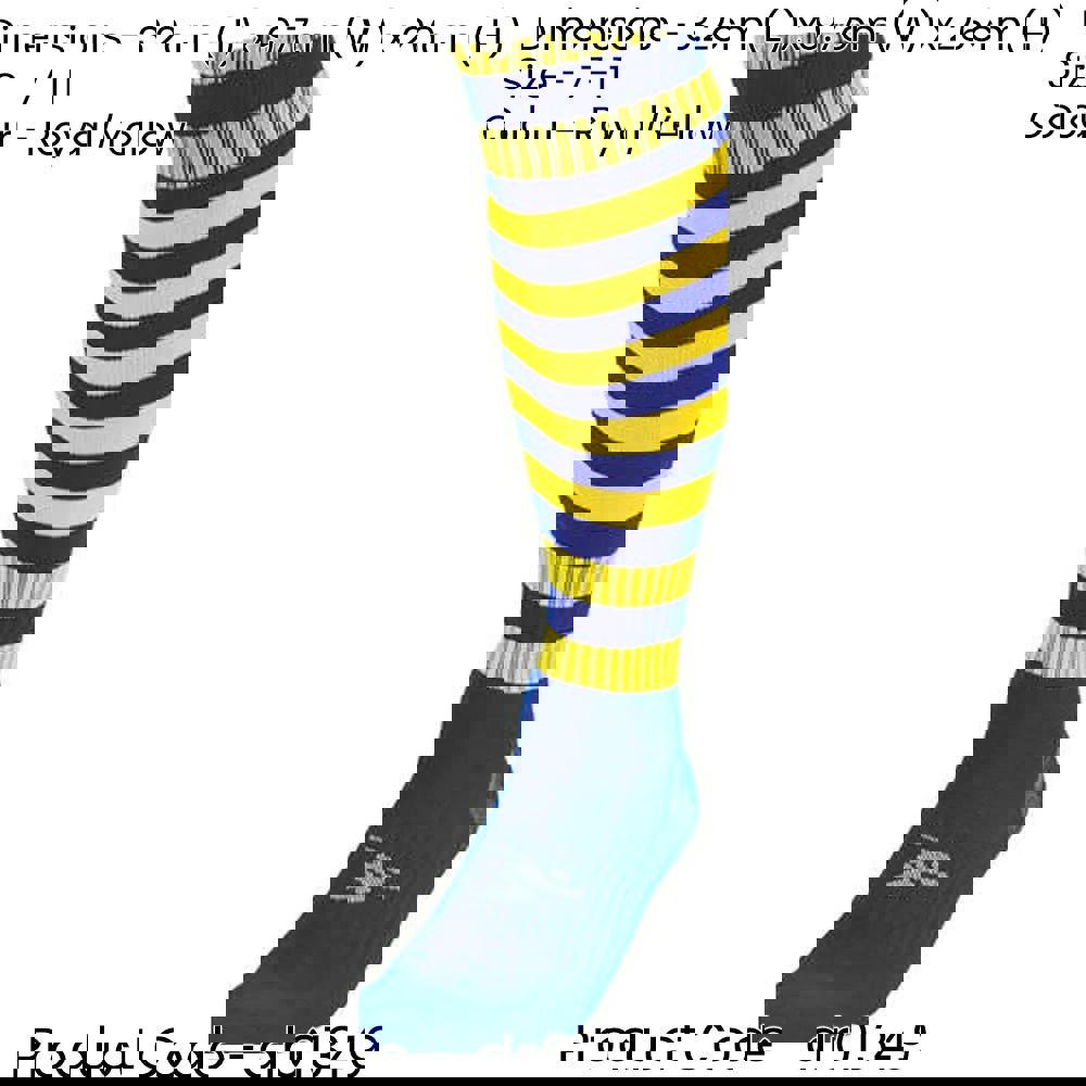 ADULT Size 7-11 Hooped Stripe Football Socks - ROYAL BLUE/YELLOW Contoured Ankle