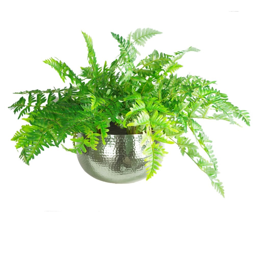 Leaf Large Artificial Ferns Display with XL Metal Silver Bowl Planter 50x65cm