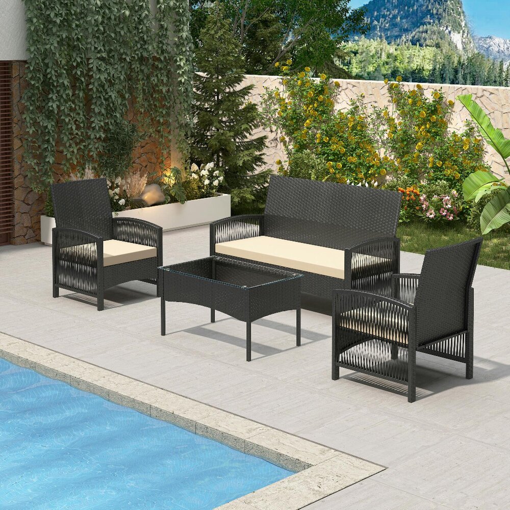 Rattan Sofa Chairs and Table Outdoor Patio Garden Set Sofia Black