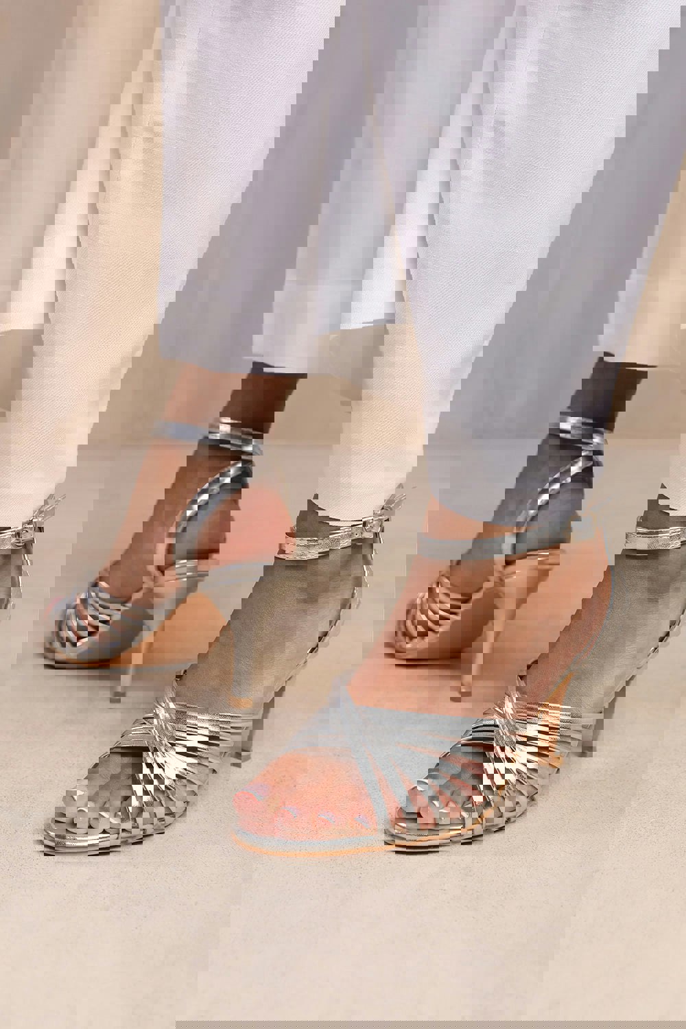 Where's That From Cyprus Wide Fit Multi Cross Over Strap Mid Heels in Silver Faux Leather