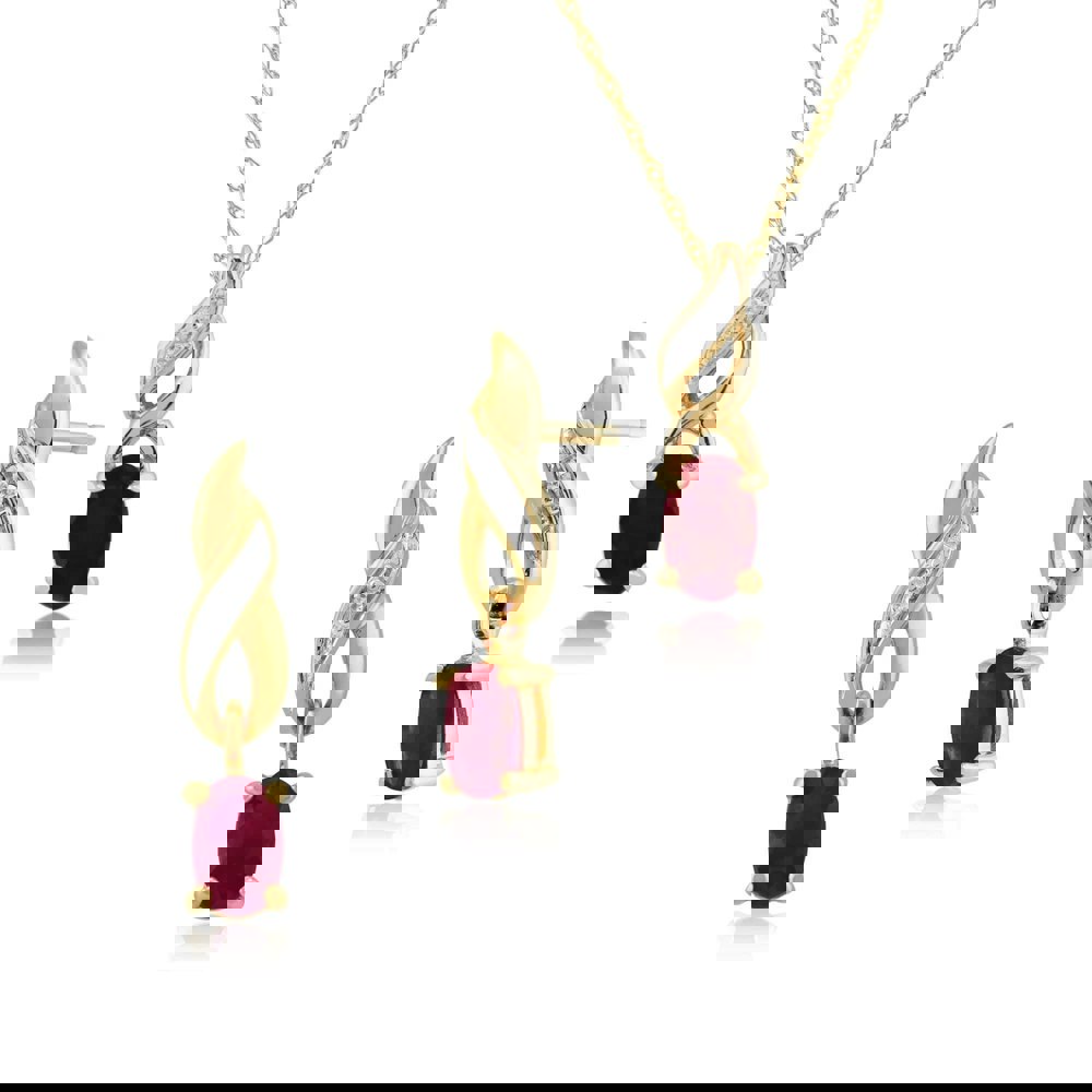 8731-135P1573039 Classic Oval Ruby & Diamond Twist Drop Earrings & Pendant Set in 9ct Yellow Gold 1