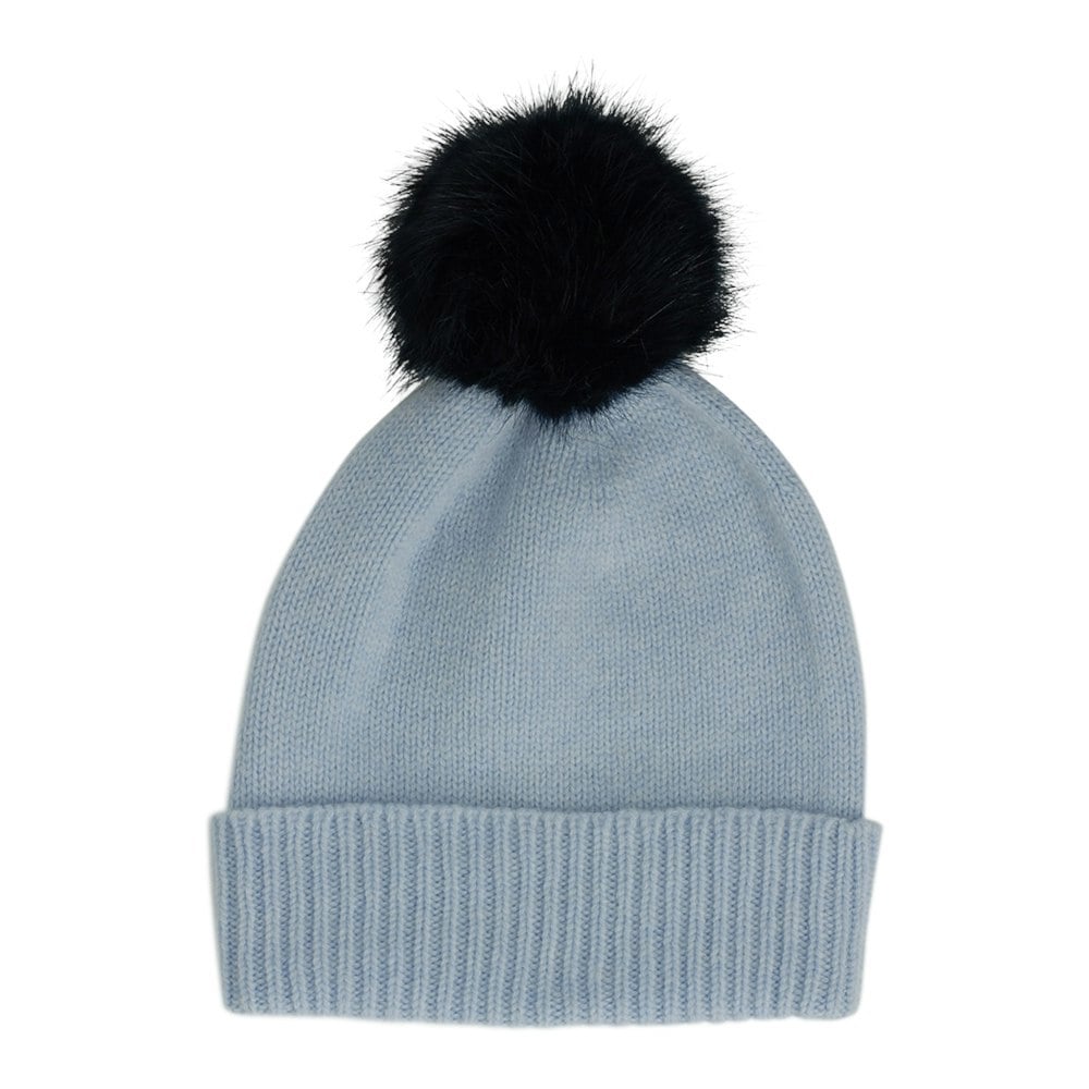 Gamble & Gunn British Made Cashmere Light Blue Beanie with Navy Faux Fur Pom Pom