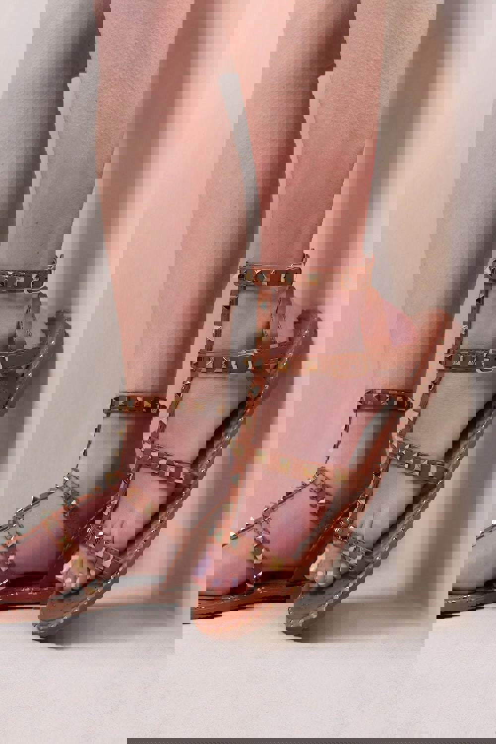 Where's That From Natalia Studded Gladiator Sandals in Tan Faux Leather