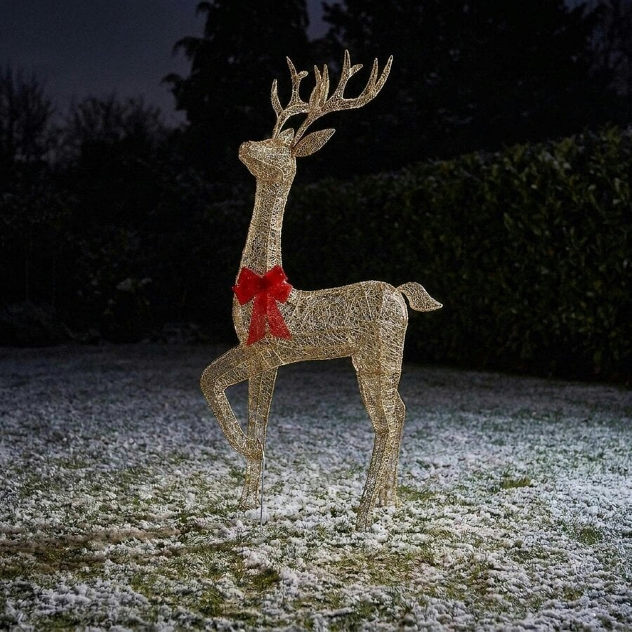 Garden Greatness Twinkling Lit White Fabric Stag with Red Bow