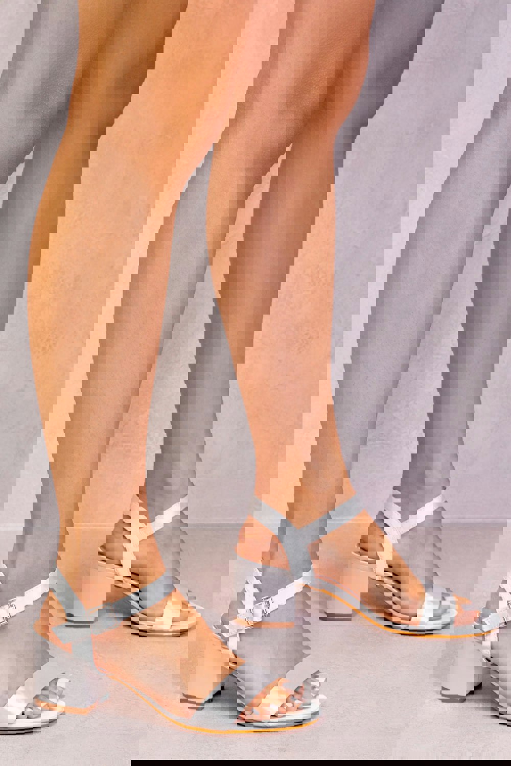 Where's That From Zephyr Strappy Mid High Block Heels Peep Toe in Silver Silk