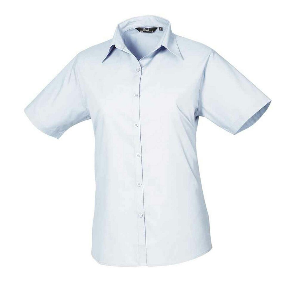 Premier Womens/Ladies Poplin Short-Sleeved Blouse - Light Blue - Light Blue - 65% Polyester/35% Cotton Poplin
