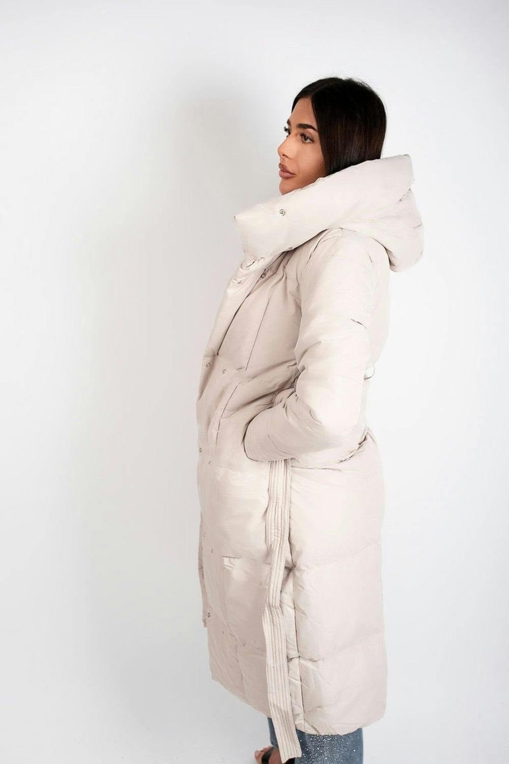 Velina Longline Puffer Coat With Belted Waist - Beige