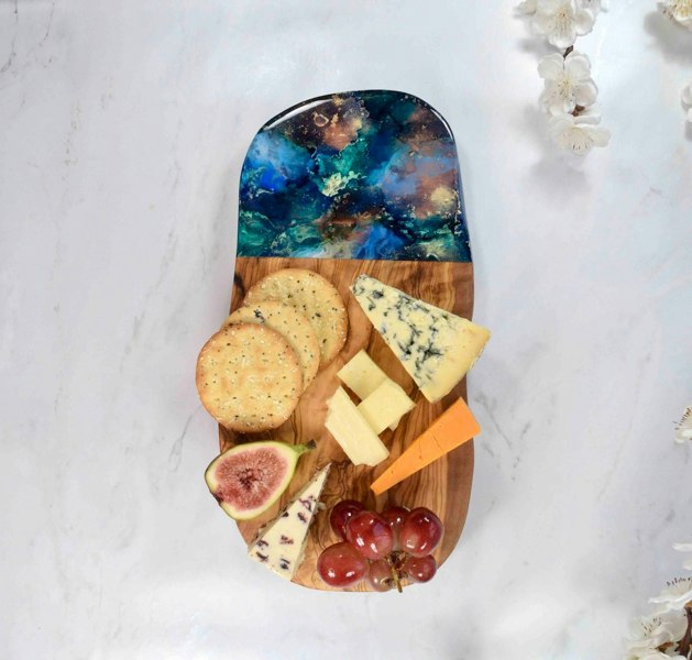 Rounded Rustic Olive Wood Cutting Board 30cm - blue gold bronze kitchen decor - cheese lover gift ideas - Kate Chesters Art - charcuterie tapas serving board