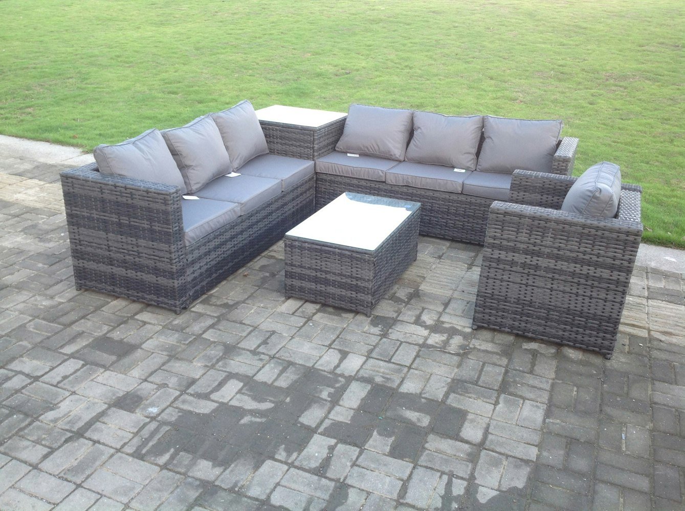 Fimous Grey Rattan Sofa Outdoor Garden Furniture Rectangular Coffee Table Set Patio With Cushions With Chair