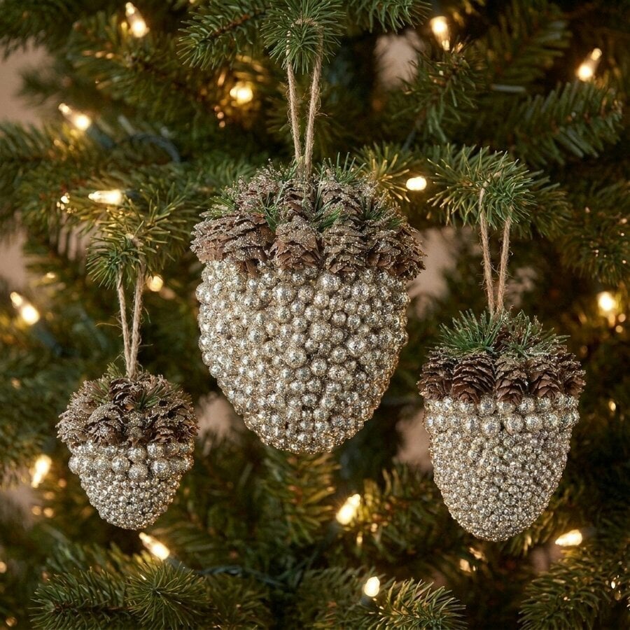 Garden Greatness Set Of 3 Acorns With Pinecones & Baubles