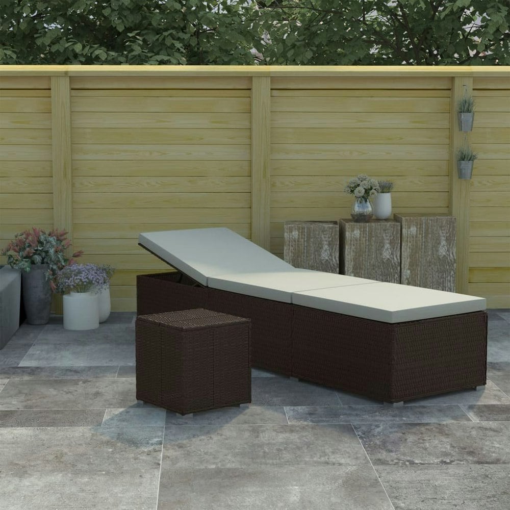 Berkfield Sun Lounger with Cushion and Tea Table Poly Rattan Brown