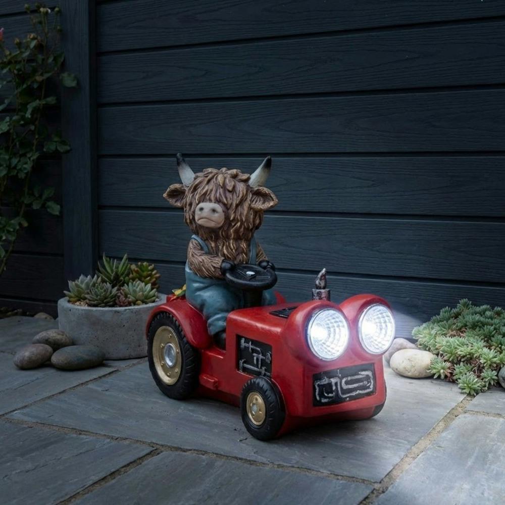 Garden Greatness Highland Cow Driving Tractor Solar Light