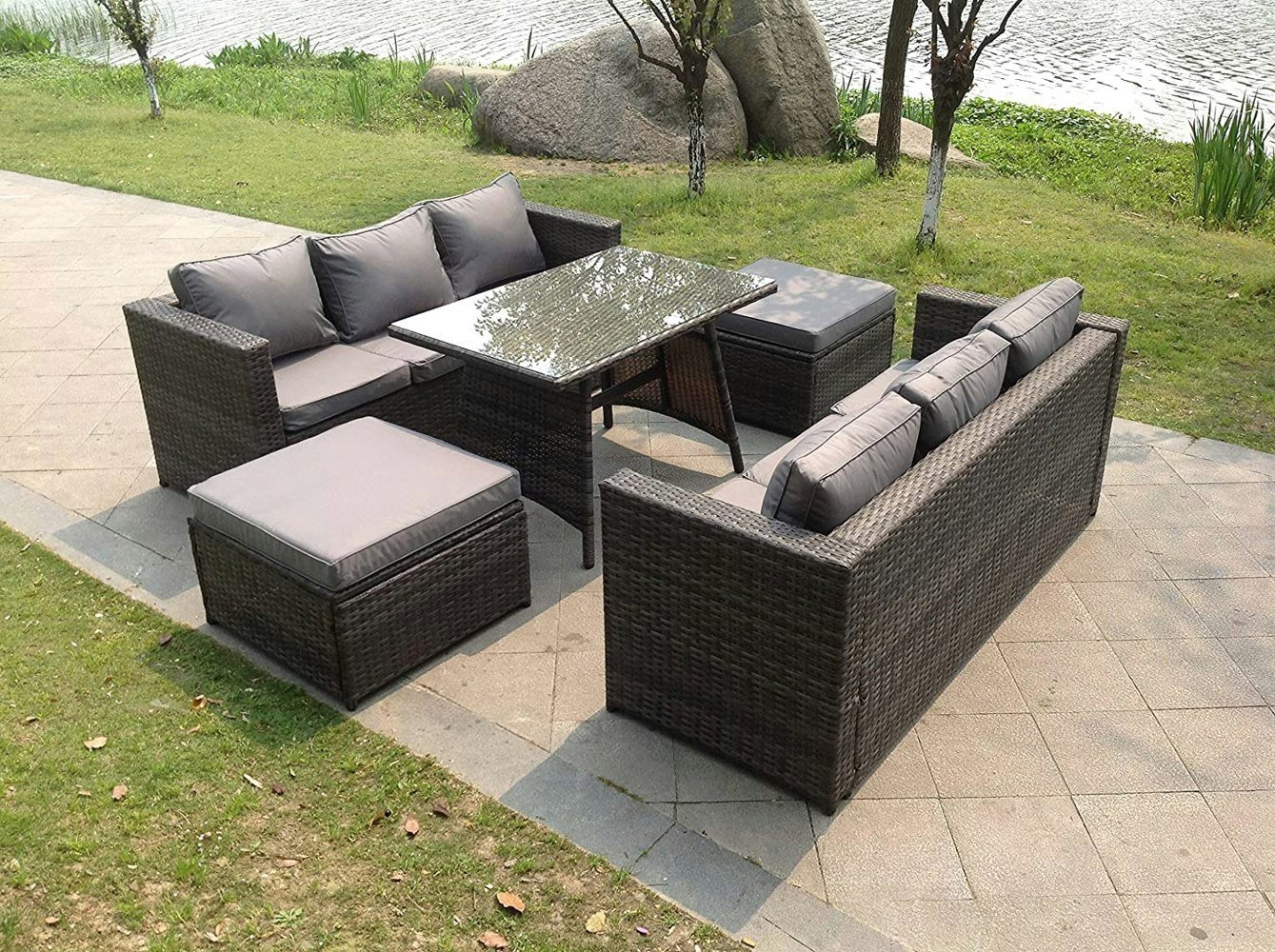 Fimous 8 Seater Lounge Rattan Sofa Dining Table Outdoor Garden Furniture