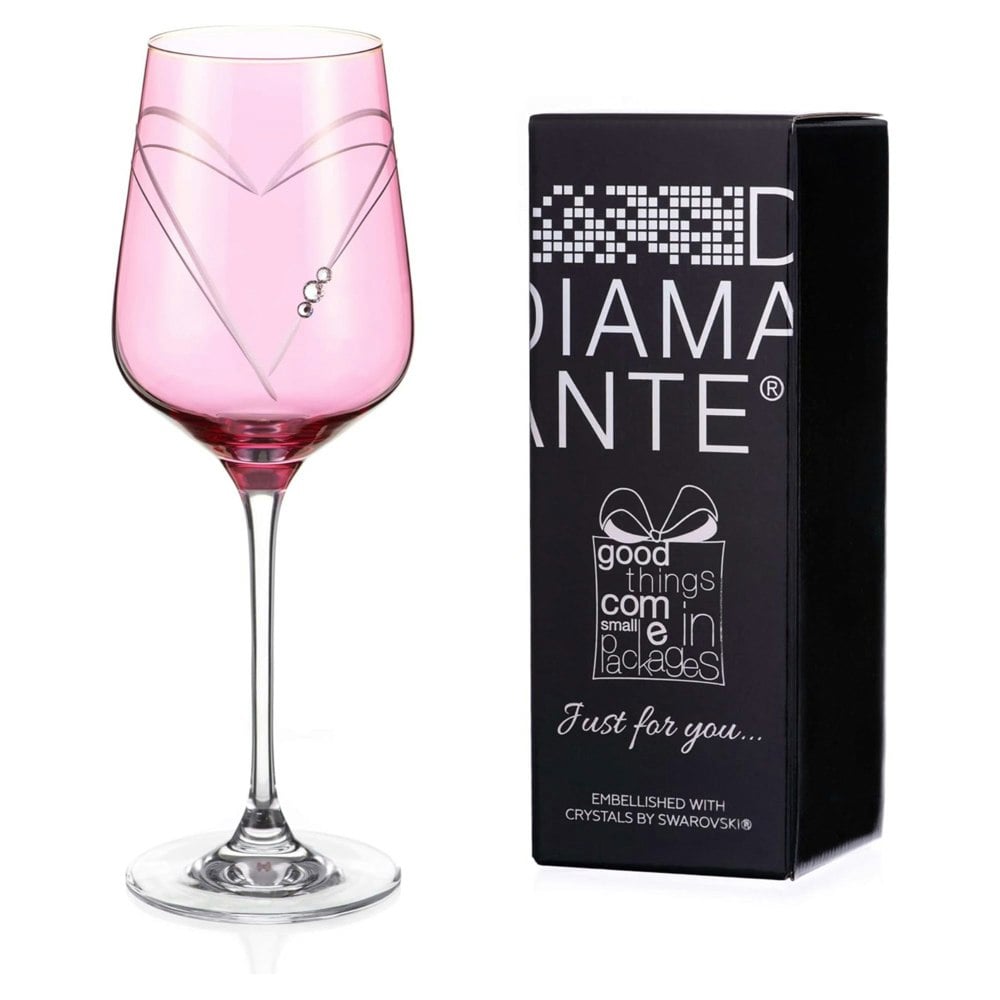 Diamante Pink Hearts Wine Glass Adorned with Swarovski Crystals - Single Glass