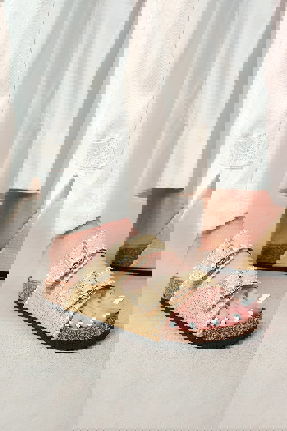 Where's That From Sunset Double Strap Flat Sandals With Buckle Detail in Khaki Faux Leather