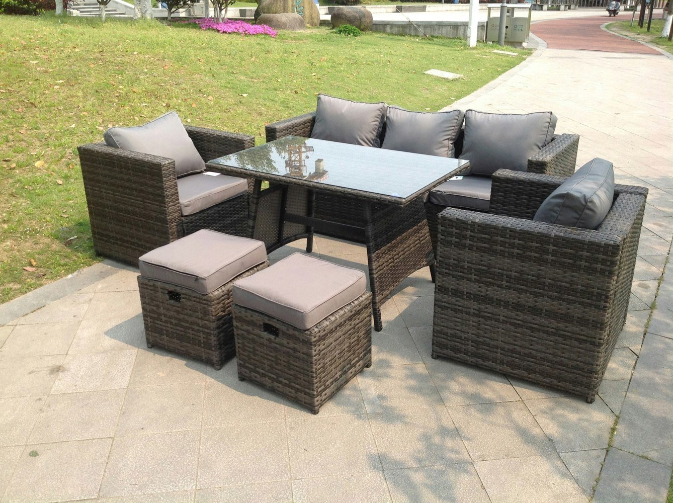 Fimous Dark Mixed Grey Rattan Garden Outdoor Sofa Set Chairs Rectangular Dining Table 2 Small Footstools 7 Seater
