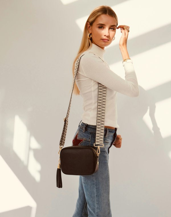 Apatchy London The Tassel Stone Leather Crossbody Bag With Midnight Zigzag Strap