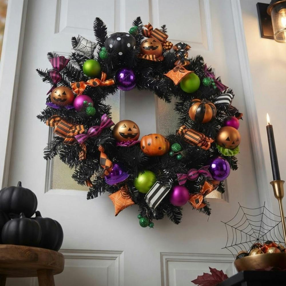 Garden Greatness Halloween Pumpkin Candy Foliage Wreath