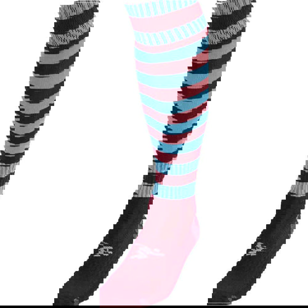 JUNIOR Size 3-6 Hooped Stripe Football Socks - MAROON/SKY BLUE - Contoured Ankle