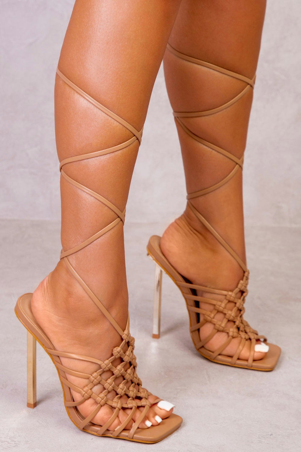 Where's That From High Heels With Knotted Strap Detail in Caramel Mocha Faux Leather