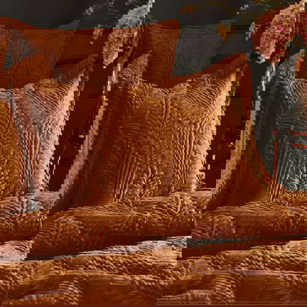 Paoletti Palmeria Velvet Quilted Duvet Cover Set - Rust