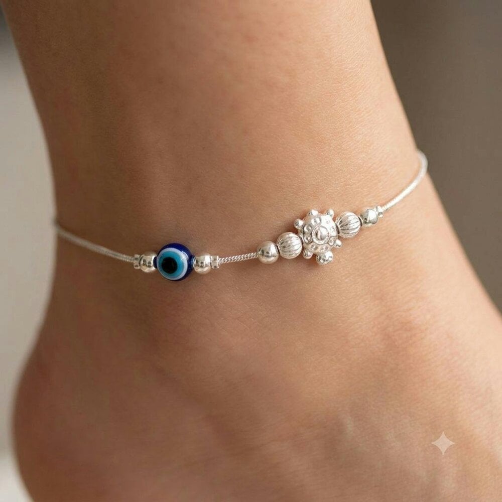 The Colourful Aura Silver Plated Evil Eye Turtle Anklet with Star Charm