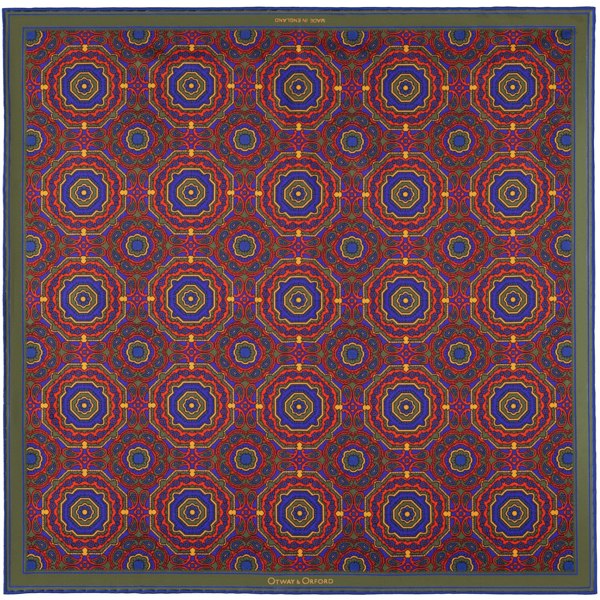 Whirligig medallion silk pocket square in red, green, blue & gold by Otway & Orford